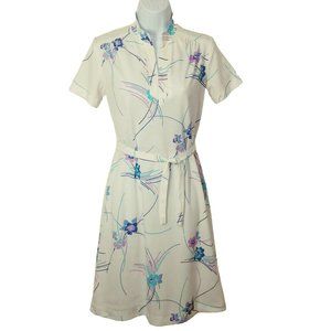 Vintage 70s Floral Sheath Day Dress -S(6) A-Line Dbl-Knit Polyester Belt Zip